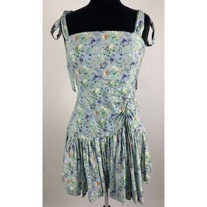 Mable Floral Mini Dress Blue Green Drop Waist Balletcore Coquette Cottagecore L